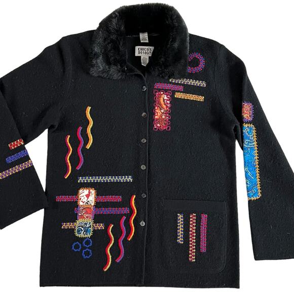 Chico's Design 100% Wool Patchwork Sweater Jacket Sz 0 (S/4) - Picture 2 of 6